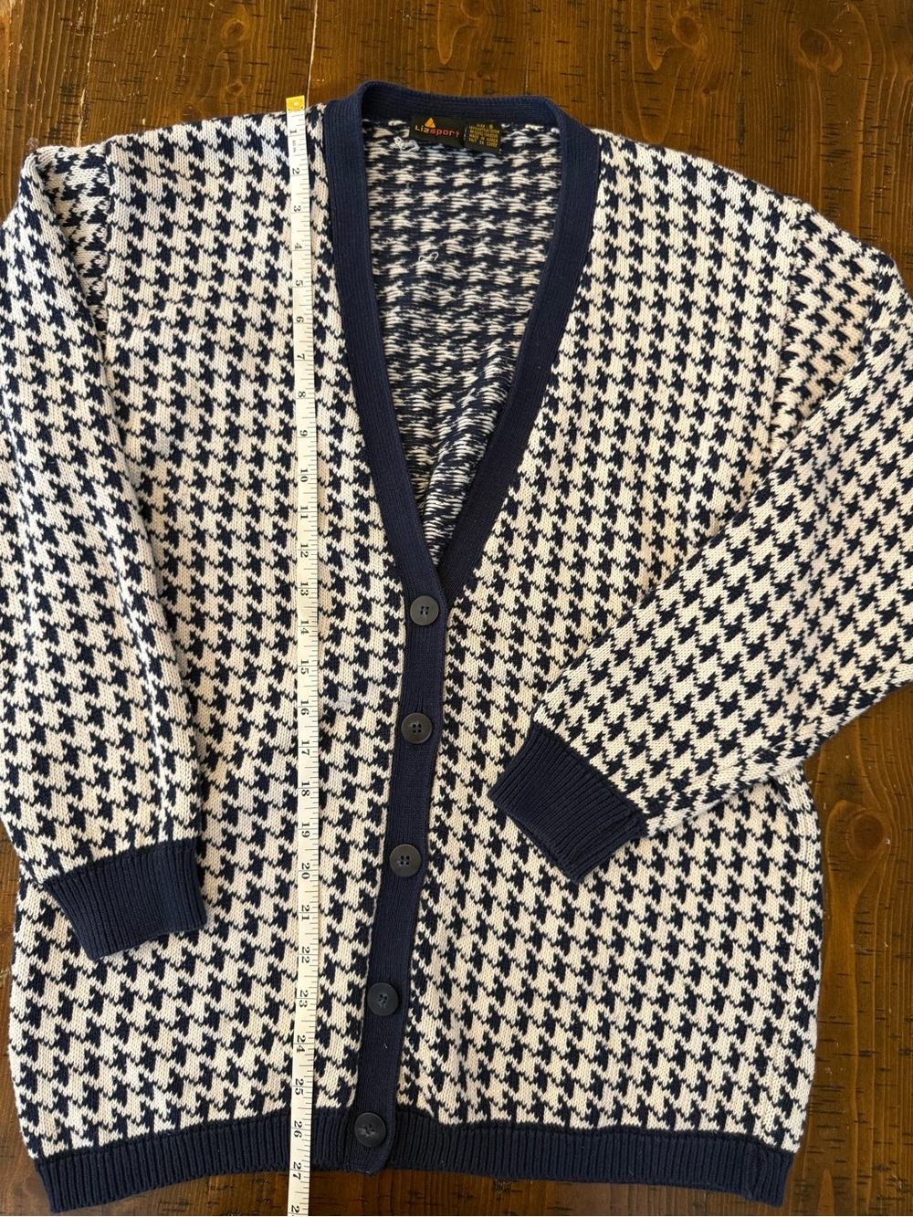 Vintage 90s Liz Sport Houndstooth Cardigan Navy & Cream Cotton Knit Sweater - Picture 5 of 11